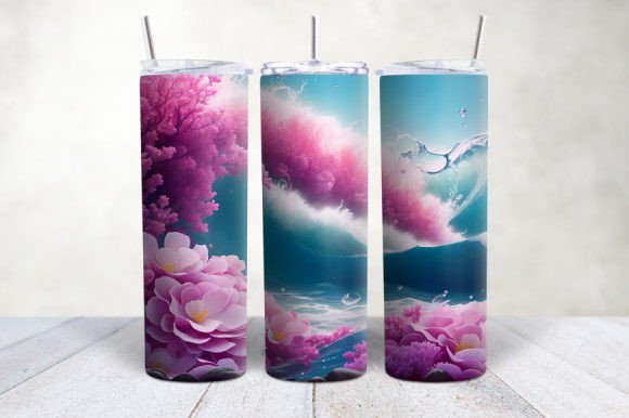 3D Pink Flowers Ocean Wave Tumbler Design Guide