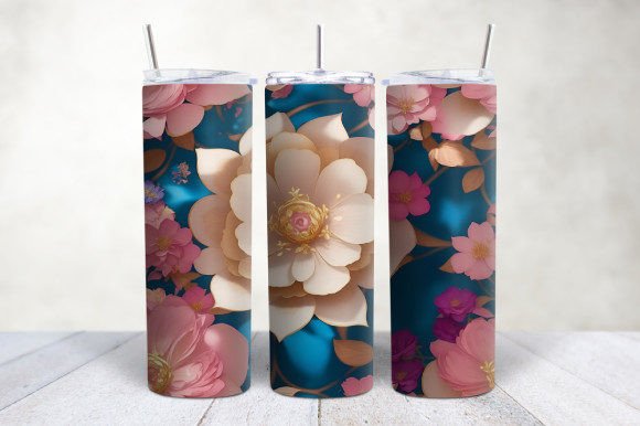 3D Pink Gold Blue Flowers Tumbler Wrap Design