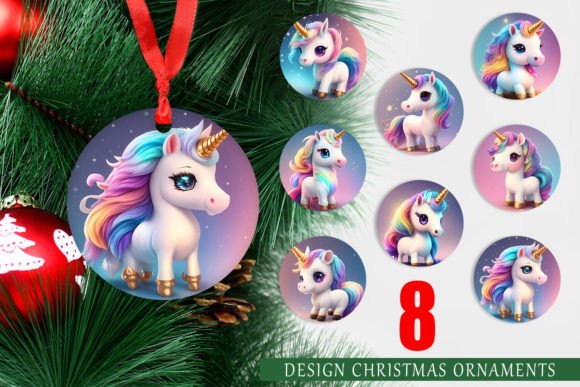 Cute 3D Unicorn Christmas Ornament PNG Set